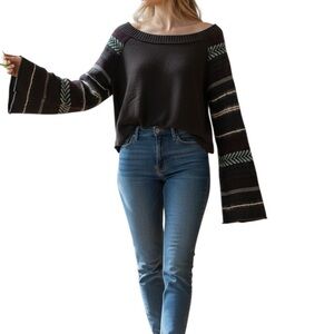 Free People Off-the-Shoulder Black Sweater with Colorful Sleeves